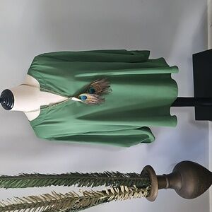 Cato Green Popover Blouse with V-neck and Hi-Low Hem